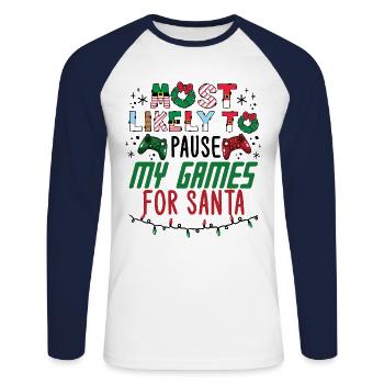 Weihnachten Gamer Gaming Pause My Game For Santa - Unisex Baseballshirt langarm - Weiß/Navy - Vorne - Nik (191cm)