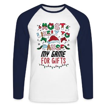 Weihnachten Gamer Gaming Pause My Game For Gifts - Unisex Baseballshirt langarm - Weiß/Navy - Vorne - Nik (191cm)