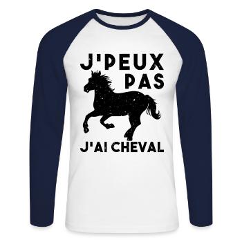 J'Peux Pas J'Ai Cheval Animal Equitation - T-shirt baseball manches longues Homme - blanc/marine - Devant - Nik (191cm)