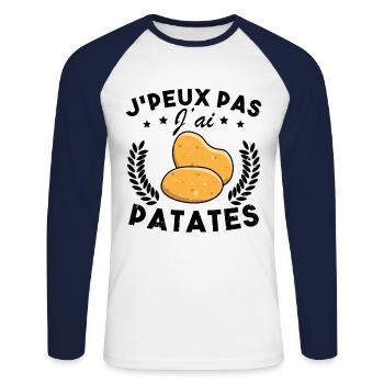 J'peux pas j'ai Patates Cadeau Jardinier Humour - T-shirt baseball manches longues Homme - blanc/marine - Devant - Nik (191cm)
