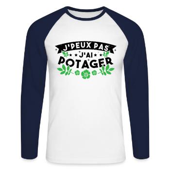 J'Peux pas J'ai Potager Cadeau De Jardinage Drole - T-shirt baseball manches longues Homme - blanc/marine - Devant - Nik (191cm)