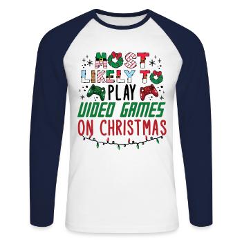 Noël Gamer Gaming Dire Drôle Humour Noël - T-shirt baseball manches longues Homme - blanc/marine - Devant - Nik (191cm)