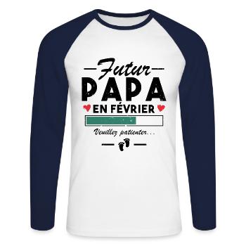 Homme Papa Bébé Futur Papa En fevrier - T-shirt baseball manches longues Homme - blanc/marine - Devant - Nik (191cm)