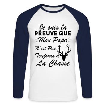 la preuve que mon papa pas toujours chasse - T-shirt baseball manches longues Homme - blanc/marine - Devant - Nik (191cm)