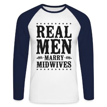 Infirmière sage-femme accoucheuse - T-shirt baseball manches longues Homme - blanc/marine - Devant - Nik (191cm)