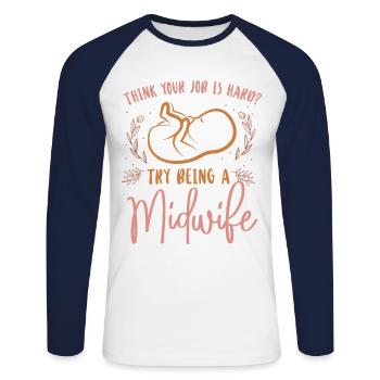 Nurse Midwife Birth Worker Think - Unisex Baseballshirt langarm - Weiß/Navy - Vorne - Nik (191cm)