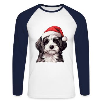 Havanese Dog Christmas Portrait Xmas - Unisex Long Sleeve Baseball T-Shirt - white/navy - Front - Nik (191cm)