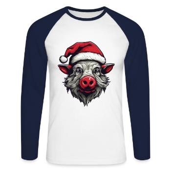 Sanglier Noël Animal Portrait Noël - T-shirt baseball manches longues Homme - blanc/marine - Devant - Nik (191cm)