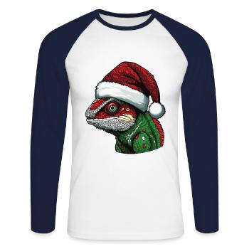 Caméléon Noël Animal Portrait Noël - T-shirt baseball manches longues Homme - blanc/marine - Devant - Nik (191cm)