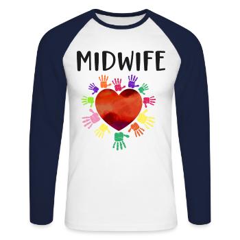 Infirmière Sage-femme Accoucheuse Coeur - T-shirt baseball manches longues Homme - blanc/marine - Devant - Nik (191cm)