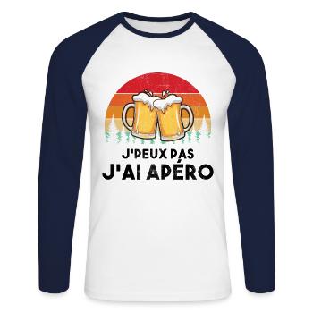 J'Peux Pas J'Ai Apéro Vintage Cadeau Humour - T-shirt baseball manches longues Homme - blanc/marine - Devant - Nik (191cm)