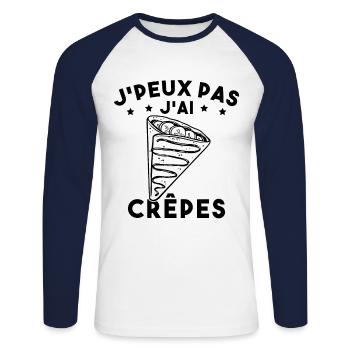 J'peux Pas J'ai Crêpes Cadeau Humour Drole - T-shirt baseball manches longues Homme - blanc/marine - Devant - Nik (191cm)