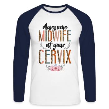 Infirmière Sage-Femme Accoucheuse Jeu de mots - T-shirt baseball manches longues Homme - blanc/marine - Devant - Nik (191cm)