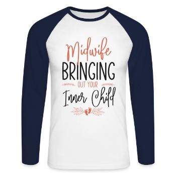Nurse Midwife Birth Worker Pun - Unisex Long Sleeve Baseball T-Shirt - white/navy - Front - Nik (191cm)
