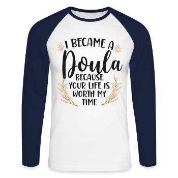 Doula accoucheuse Je suis devenue une - T-shirt baseball manches longues Homme - blanc/marine - Devant - Nik (191cm)