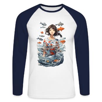 Anime Ocean Koi Fantasy Aesthetic Design - Unisex Long Sleeve Baseball T-Shirt - white/navy - Front - Nik (191cm)
