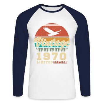 Vintage 1970 Cadeau D'anniversaire - T-shirt baseball manches longues Homme - blanc/marine - Devant - Nik (191cm)