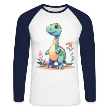 Cute Dino Cartoon Prehistoric Fantasy - Unisex Long Sleeve Baseball T-Shirt - white/navy - Front - Nik (191cm)