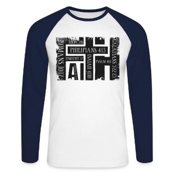 Faith Bibelverse Grunge Christliches Geschenk - Unisex Baseballshirt langarm - Weiß/Navy - Vorne - Nik (191cm)