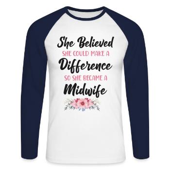 Nurse Midwife Birth Worker She - Unisex Baseballshirt langarm - Weiß/Navy - Vorne - Nik (191cm)