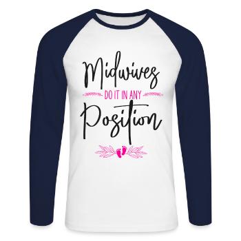 Nurse Midwife Birth Worker Pun - Unisex Long Sleeve Baseball T-Shirt - white/navy - Front - Nik (191cm)
