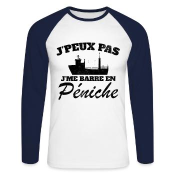 J'peux pas j'me barre en péniche - T-shirt baseball manches longues Homme - blanc/marine - Devant - Nik (191cm)