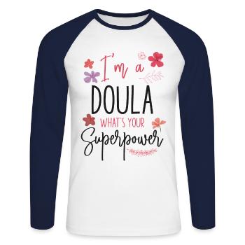 Doula accoucheuse Je suis une doula - T-shirt baseball manches longues Homme - blanc/marine - Devant - Nik (191cm)