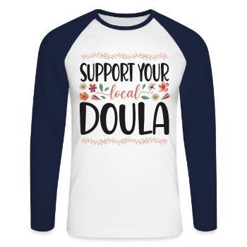 Doula Travailleuse à la naissance Soutien aux fleurs - T-shirt baseball manches longues Homme - blanc/marine - Devant - Nik (191cm)