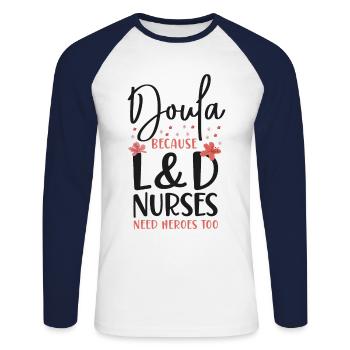 Doula Travailleuse à la naissance Doula Parce que - T-shirt baseball manches longues Homme - blanc/marine - Devant - Nik (191cm)