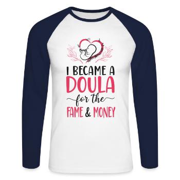 Doula accoucheuse Je suis devenue une - T-shirt baseball manches longues Homme - blanc/marine - Devant - Nik (191cm)