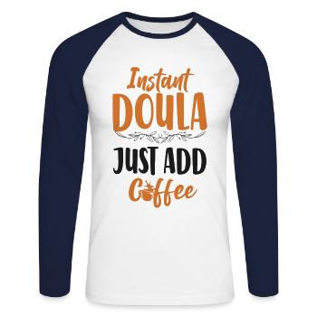 Doula Birth Worker Café Instantané - T-shirt baseball manches longues Homme - blanc/marine - Devant - Nik (191cm)