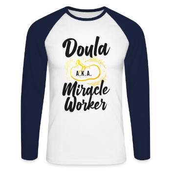 Doula accoucheuse Doula A.K.A. - T-shirt baseball manches longues Homme - blanc/marine - Devant - Nik (191cm)