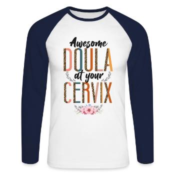Doula Travailleuse à La Naissance Jeu De Mots Léopard - T-shirt baseball manches longues Homme - blanc/marine - Devant - Nik (191cm)