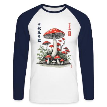 Champignon japonais esthétique Ukiyo-E Nature Design - T-shirt baseball manches longues Homme - blanc/marine - Devant - Nik (191cm)
