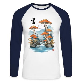 Woodland Mushroom Vintage Ukiyo-E Aesthetic Design - Unisex Long Sleeve Baseball T-Shirt - white/navy - Front - Nik (191cm)
