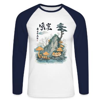 Ukiyo-E Pilz Kunst Vintage Japan Stil - Unisex Baseballshirt langarm - Weiß/Navy - Vorne - Nik (191cm)