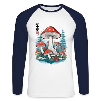 Japanese Mushrooms Ukiyo-E Toadstool Aesthetic - Unisex Long Sleeve Baseball T-Shirt - white/navy - Front - Nik (191cm)