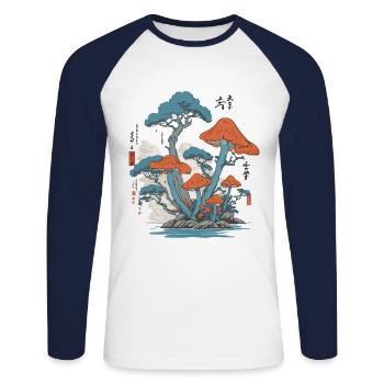 Magic Mushroom Woodland Ukiyo-E Vintage Art - Unisex Long Sleeve Baseball T-Shirt - white/navy - Front - Nik (191cm)