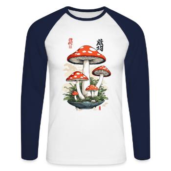 Vintage Japan Toadstool Mushroom Picker Art - Unisex Long Sleeve Baseball T-Shirt - white/navy - Front - Nik (191cm)