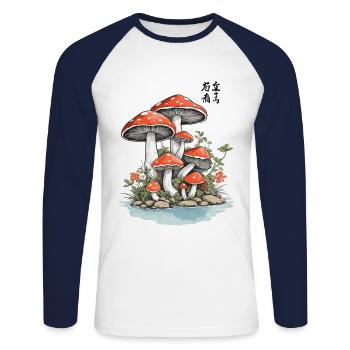Champignon magique Vintage Ukiyo-E Gobelincore - T-shirt baseball manches longues Homme - blanc/marine - Devant - Nik (191cm)