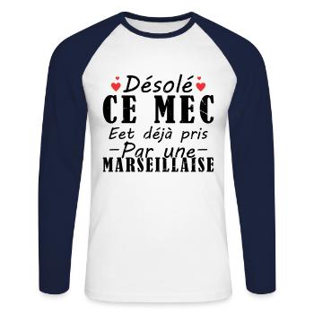 Mec Avec Marseillaise Cadeau Couple Saint Valentin - T-shirt baseball manches longues Homme - blanc/marine - Devant - Nik (191cm)