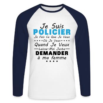 Policier En Couple Idée Cadeau Pour Mon Mari - T-shirt baseball manches longues Homme - blanc/marine - Devant - Nik (191cm)
