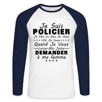 Policier En Couple Idée Cadeau Pour Mon Mari - T-shirt baseball manches longues Homme - blanc/marine - Devant - Nik (191cm)