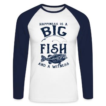 Angler Angeln Geschenkidee Happiness Is A Big Fish - Unisex Baseballshirt langarm - Weiß/Navy - Vorne - Nik (191cm)