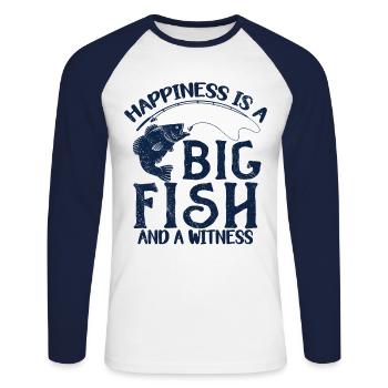 Angler Angeln Geschenkidee Happiness Is A Big Fish - Unisex Baseballshirt langarm - Weiß/Navy - Vorne - Nik (191cm)