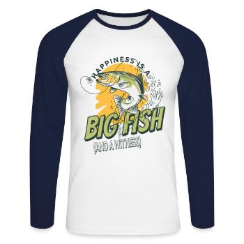 Angler Angeln Geschenkidee Happiness Is A Big Fish - Unisex Baseballshirt langarm - Weiß/Navy - Vorne - Nik (191cm)