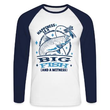 Angler Angeln Geschenkidee Happiness Is A Big Fish - Unisex Baseballshirt langarm - Weiß/Navy - Vorne - Nik (191cm)