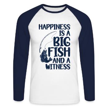 Angler Angeln Geschenkidee Happiness Is A Big Fish - Unisex Baseballshirt langarm - Weiß/Navy - Vorne - Nik (191cm)