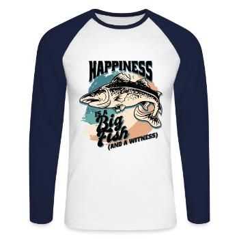 Angler Angeln Geschenkidee Happiness Is A Big Fish - Unisex Baseballshirt langarm - Weiß/Navy - Vorne - Nik (191cm)