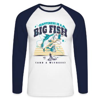 Angler Angeln Geschenkidee Happiness Is A Big Fish - Unisex Baseballshirt langarm - Weiß/Navy - Vorne - Nik (191cm)